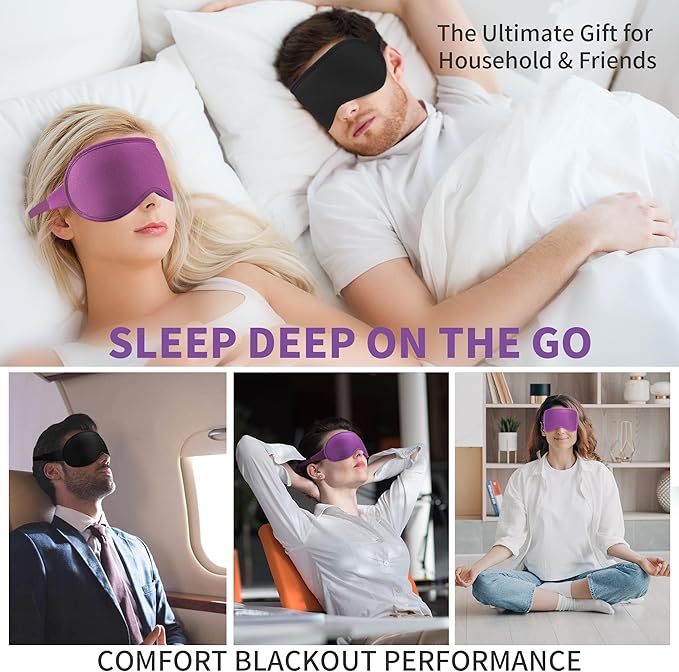 3D Sleep Mask for Men Women 2 Pack, Blackout Eye Mask for Sleeping Eye Mask for Side Sleeper, Memory Foam Adjustable&Washable, Airplane Travel Essentials Couples Yoga Meditation Office Black & Purple
