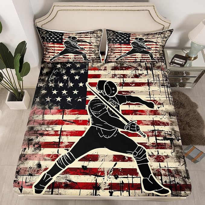 Manfei Fencing Fitted Sheet Queen Size, American Flag Fencer Bedding Set 3pcs, Sword Fighting Sports Theme Bed Cover with 2 Pillowcases, Kids Boys Teens Room Decor, Soft Bedding(No Top Sheet)