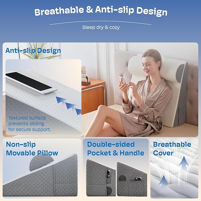 2PCS Wedge Pillow, 7.5" Wedge Pillow for Acid Reflux, Back Pain Relief, Cooling Memory Foam Top, Bed Wedge Pillows for Headboard, Sleeping, Snoring, Back Support, After Surgery.