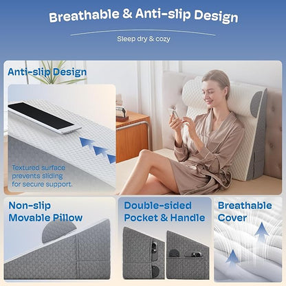 2PCS Wedge Pillow, 7.5" Wedge Pillow for Acid Reflux, Back Pain Relief, Cooling Memory Foam Top, Bed Wedge Pillows for Headboard, Sleeping, Snoring, Back Support, After Surgery.