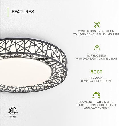 ASD 16 Inch LED Flush Mount Ceiling Light Fixture for Bedroom, 28W 1576LM 5CCT 2700K-5000K, Triac Dimmable Lights, Dining, Living Room, Kitchen Lamps, Modern Home Lighting Fixtures, Black, ETL