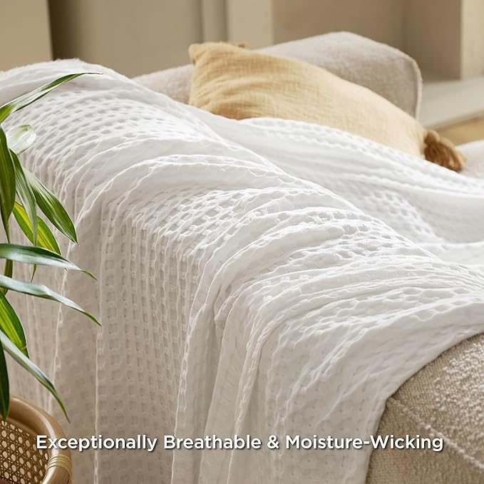 Bedsure Cooling Cotton Waffle King Size Blanket - Lightweight Breathable Spring Blanket of Rayon Derived from Bamboo for Hot Sleepers, Luxury Throws for Bed, Couch and Sofa, Ivory, 104x90 Inches