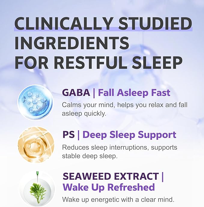 Melatonin-Free Sleep Aid for Adults with GABA & Seaweed Extract - Natural Supplement for Deep Sleep & Waking Up Refreshed, Stress Relief & Cognitive Support - Non-Habit Forming, 60 Capsules