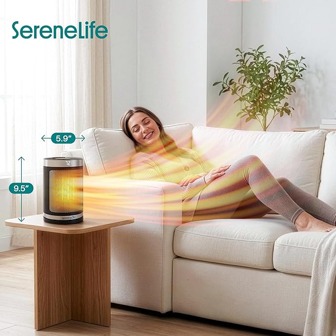 SereneLife Smart Space Heater – 1500W Indoor Electric Heater with Thermostat, Remote Control, 12-Hour Timer, Wi-Fi Enabled PTC Ceramic Heating for Home and Office, Gray (5.9" x 5.9" x 9.5")