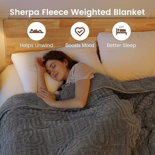 Sherpa Fleece Adult Weighted Blanket Great for Sleep, 15 lbs Dual Sided Soft Fuzzy Heavy Blankets for Couch Bed Sofa, Cozy Warm Fluffy Arched Jacquard Throw for Winter (Grey, 48" x 72", 15 Pounds)