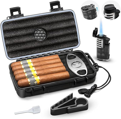 Flauno Travel Cigar Humidor Case - Portable Humidor Kit with Lighter (Without Gas), Cutter, Holder, Humidifier & Dropper, Waterproof, Crushproof, Airtight Seal (Holds up to 5 Cigars)