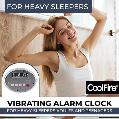 CoolFire – Super Loud Dual Alarm Clock with Bed Shaker, Auto Set, Vibrating Alarm Clock for Heavy Sleepers, Under Pillow, Cordless Rechargeable, Hearing Impaired, Auto DST, LCD Backlight Silver