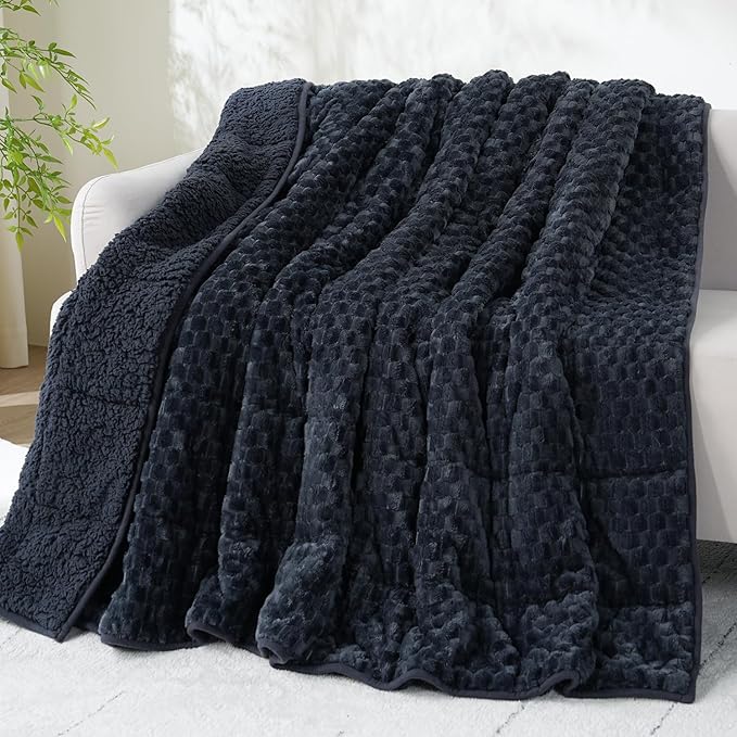 Drewin 15lbs Weighted Blanket for Adults, Ultra-Cozy Warm Jacquard Sherpa Weighted Blanket, 3D Turtleback Pattern Soft Thick Heavy Blanket for Sofa Bed, 60 x 80 inches, Grey Blue