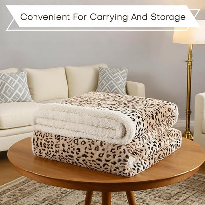 Electric Heated Blanket Throw Size 50"x60" - Microplush & Sherpa Fabric Dual-Sided, 9 Heat Settings & 3 Hours Auto Off, Cozy Warming Throw for Office or Bed, Machine Washable, Beige Leopard Print