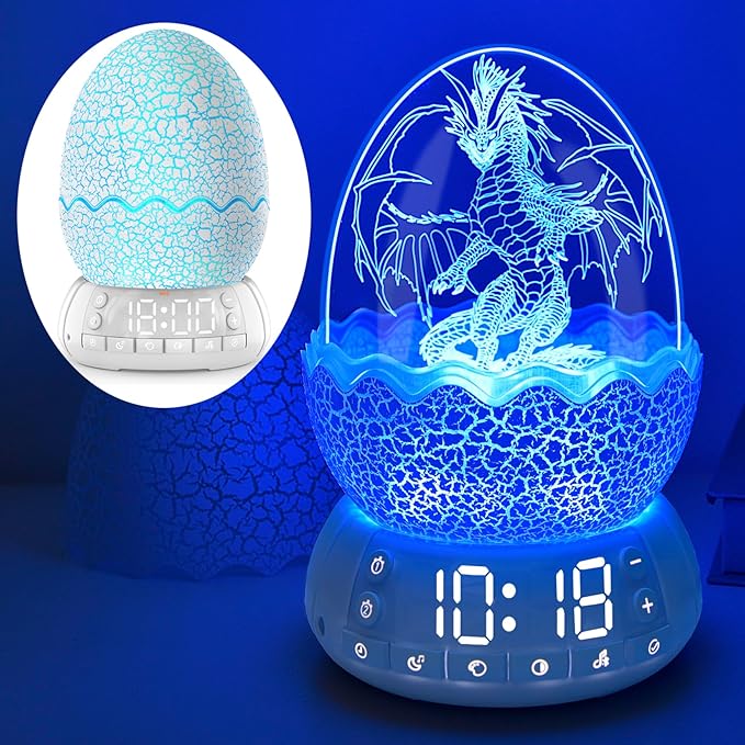 Novelty Alarm Clock with Sunrise Simulation Dragon Egg lamp, 20 Soothing Sounds & Bluetooth Speaker, Portable Touch Control Egg Night Light, Timer Sleep Aid, Unique Gift/Decor