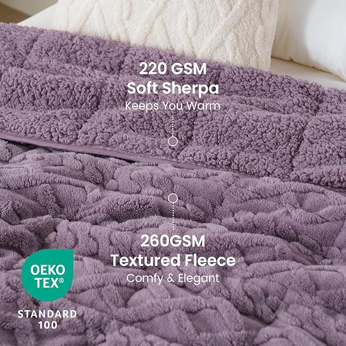 Drewin Weighted Blanket for Adults Twin Size, 15 lbs Stylish Jacquard Sherpa Weighted Blankets for Sleep and Relax, Cozy Fluffy Knitted Heavy Blanket for Couch Bed, Purple, 48 x 72 inches