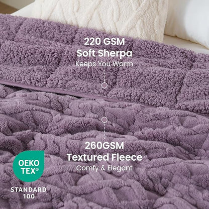 Drewin 15 lbs Weighted Blanket Queen Size, 60 x 80 inches, Dual Sided Soft Fuzzy Jacquard Sherpa Weighted Blankets for Adults, Comfortable Sofa Bed Blanket for Sleeping, Purple