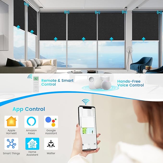 Motorized 100% Blackout Roller Shades – Custom Smart Blinds with Remote Control, Rechargeable Battery or Plug-in Motor, Tuya WiFi Optional, Home & Office Automatic Window Shades (Black/CH9296)