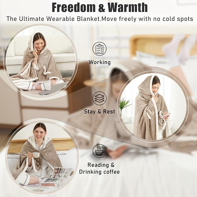 Heated Blanket Wearable Shawl Electric Throw, Heated Wrap with Pockets, Poncho Blanket Hoodie for Adult, 6 Heat Settings & 1-4H Timer Auto Off, Gift, 50 * 64", Camel