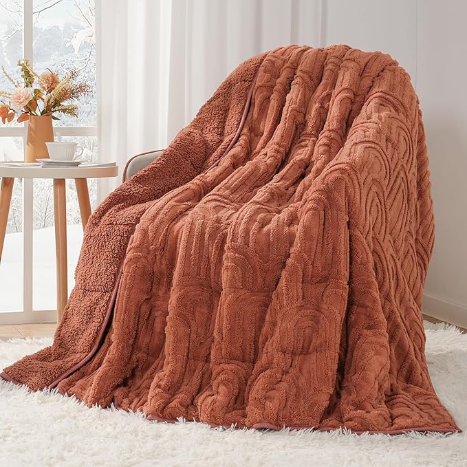 Cottonblue Jacquard Weighted Blanket for Adults 15 lbs Queen Size, Cozy Fluffy Sherpa Fleece Weighted Throw Blankets 60" x 80" for Sleep Relax, Fuzzy Warm Arch Heavy Blanket for Bed Couch, Rust Pink