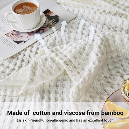 Aganear Waffle Blanket - Lightweight Breathable Summer Blanket of 50% Cotton and 50% Rayon Derived from Bamboo for Hot Sleepers Luxury Throws for Bed, Couch and Sofa,White,104x90 Inches
