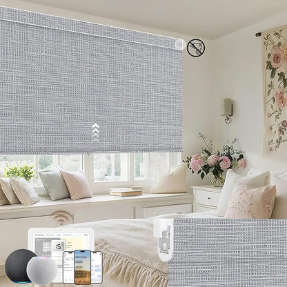 Kincmo No Drill Motorized Blinds with Remote, 100% Blackout Roller Shades for Windows, Custom Electric Blinds Compatible with Alexa, Apple Homekit, Google Home (100% Blackout Weave Grey)
