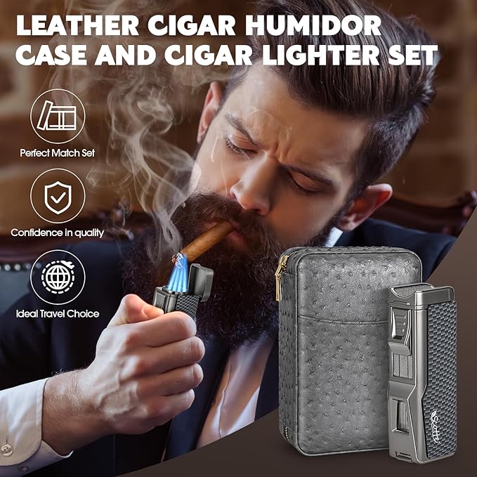 Scotte Cigar Humidor Box, Cigar Lighter Cedar Wood Lined Leather Cigar Case Built in Hygrometer & Humidifier, Torch Lighter with Cigar Holder Cigar Punch Portable Travel Cigar Humidor Kit (Grey)
