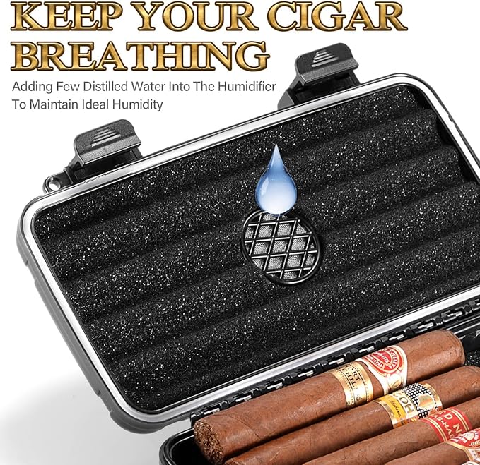 Portable Cigar Humidor Case - Travel Cigar Box with Built-in Humidifier Disc, Stickers & Cigar Cutter | Airtight | Portable | Water/Crushproof (Holds up to 5 Cigars)