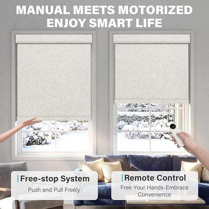 BERISSA Motorized Blinds with Remote,No Drill Dual-Control(Manual + Remote) Electric Roller Blinds for Indoor Windows,Linen Fabric,Automatic Shades for Windows Home Office,Custom Color,Custom Size