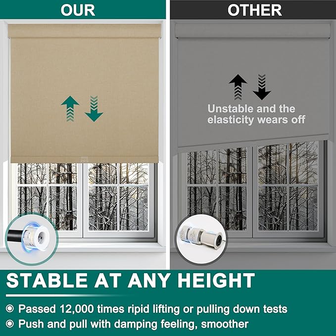 BERISSA Cordless Blackout Roller Shades for Windows,Free-Stop Linen Fabric Windows Blinds with Cassette Valance,Thermal Insulated UV Protection Roller Blinds for Home Office. Beige.50 W x 48" H