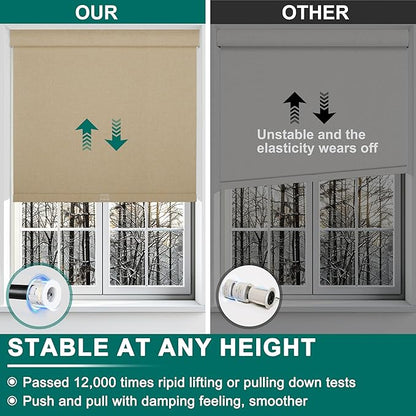 BERISSA Cordless Blackout Roller Shades for Windows,Free-Stop Linen Fabric Windows Blinds with Cassette Valance,Thermal Insulated UV Protection Roller Blinds for Home Office. Beige.26 W x 48" H