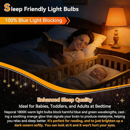 Neporal A15 Amber LED Light Bulb 1800K, True Blue Light Blocking Sleep Aid Bulb for Bedroom Nursery, 7W Replacement for 40W, Soft Warm Glow to Protect Melatonin, E26 Base (4, Amber)