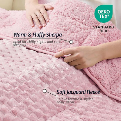 Wemore Fleece Weighted Blanket for Adults (60" x 80" 15lbs, Pink), Dual Sided Cozy Soft Sherpa Heavy Blanket, 3D Imitation Turtle Shell Warm Jacquard Flannel Weighted Blankets for Couch and Bed