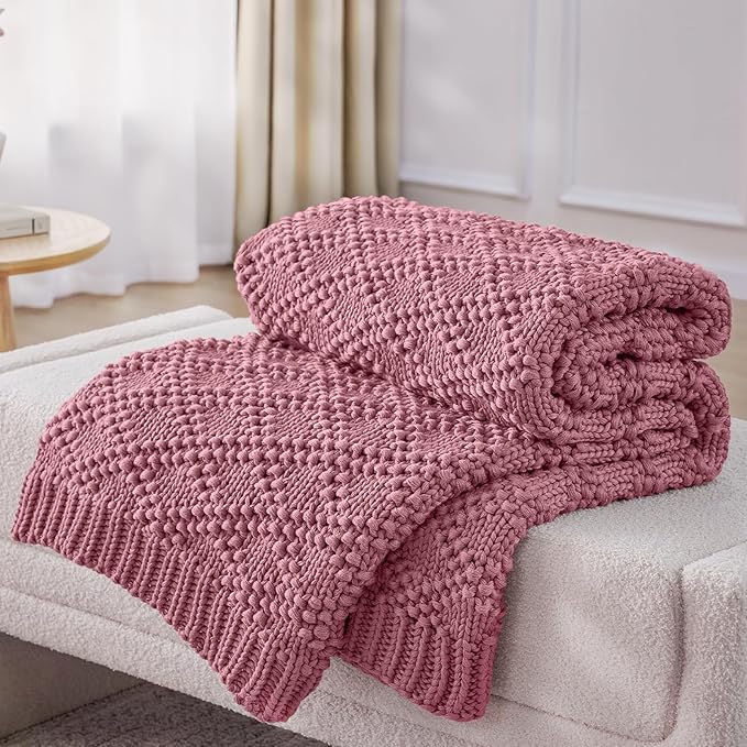 Knitted Weighted Blanket for Adult, Chunky Knit Weighted Throw for Sleep 80"*87" 20lbs, Cooling Breathable Machine Washable Heavy Blanket for Room Decor (Pink, King)