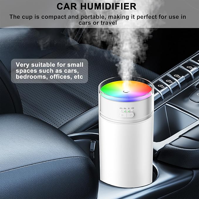 Portable Bedroom Humidifier, Rechargeable Car Mounted Humidifier, 500ml Thick Fog Timed Colorful Cup Humidifiers, Suitable for Small Air Humidifierss in Bedrooms, Cars, Offices & Travel (White)