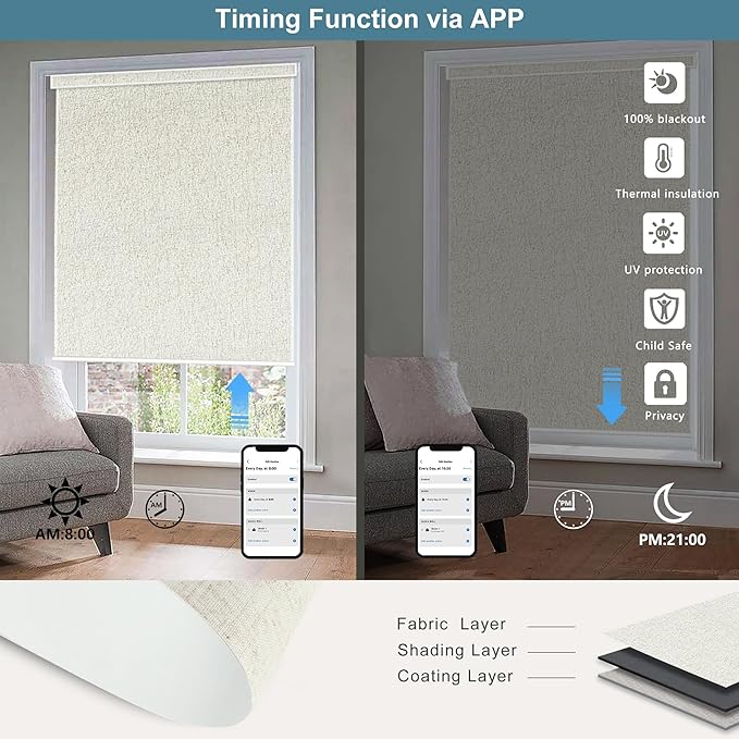 Bringnox Motorized Blinds with Remote,100% Blackout Smart Roller Blinds Compatible with Apple Homekit Google Home and Alexa Via HUB,and Customized (Linen Stone-01)