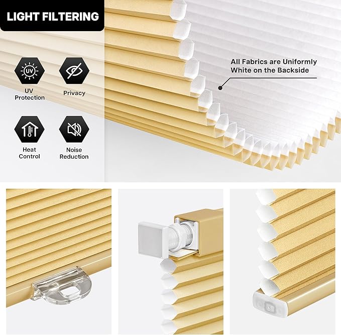 LazBlinds Cordless Cellular Shades, No Tools No Drill Light Filtering Honeycomb Shades Pleated Blinds for Windows, 29'' W x 64'' H, Yellowish-Brown