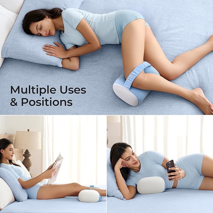 Momcozy Knee Pillow for Side Sleepers with Cooling Cover, Soft Memory Foam Spine Alignment Pregnancy Leg Pillow for Hips, Back, Sciatica Pain, Fixed Strap for Moving, Wider Contact Even Pressure, Blue