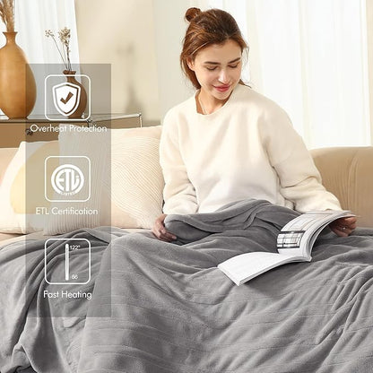 ESTINGO Heated Blanket Twin Size, Fast Heating Electric Blanket with Extremely Cozy Plush with 5 Heating Levels & 10 Hours Auto Off for Bedroom Office Couch, 62"x84", Light Gray