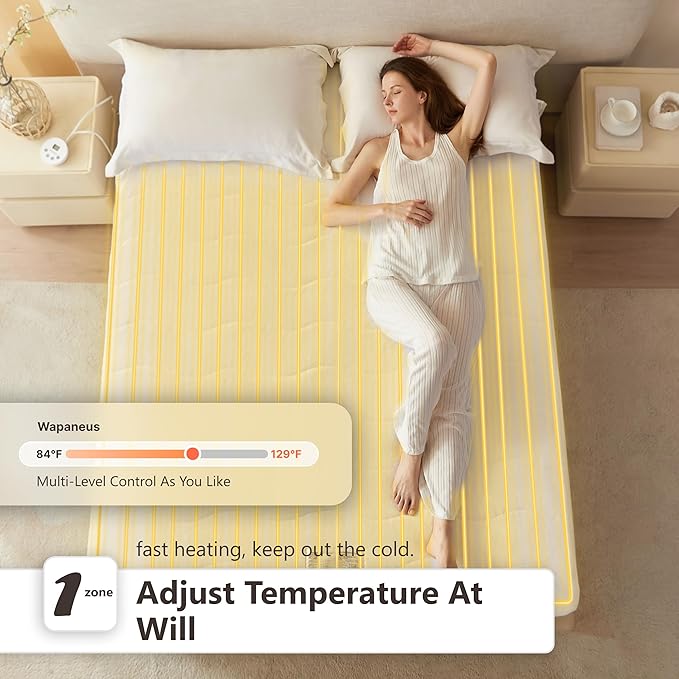 Wapaneus Quilted Wave Heated Mattress Pad Twin Size 10 Heat Settings with 1-12 Hours Timer Auto Off,Deep Pocket Fits up to 18",Coral Fleece Bed Warmer,ETL Listed Machine Washable,39"x75"