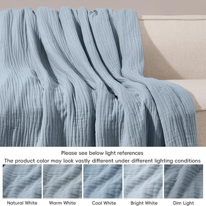 PHF Cooling Muslin Blanket Queen Size 90"x80", 6-Layer Lightweight Gauze Blanket Made from 35% Rayon Derived from Bamboo & 65% Cotton, Breathable & Ultra Soft Cozy for Hot Sleepers, Dusty Blue