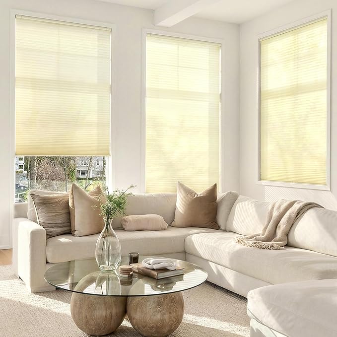 LazBlinds Cordless Cellular Shades, No Tools No Drill Light Filtering Honeycomb Shades Pleated Blinds for Windows, 24'' W x 64'' H, Alabaster