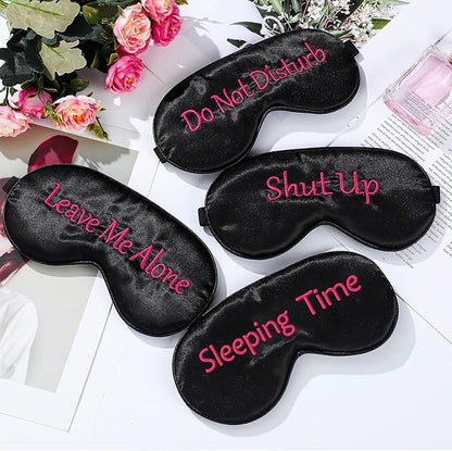 Geyoga 4 Pieces Funny Eye Mask for Sleep Soft Satin Blocking Blindfold with Adjustable Strap Silk Eye Cover Out Lights for Women Men Travel, Nap, Meditation (Black with Red Words,Classic Style)