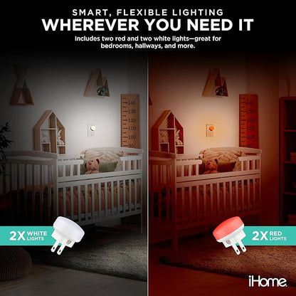 iHome Plug-in LED Night Lights 4-Pack, Dusk-to-Dawn Sensor, 3000K Warm Glow, Energy Saving, Great for Bedrooms, Hallways, Closets, Stairs, Kids’ Rooms (4-Pack (2 White & 2 Red Lights))