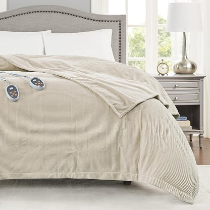 Beautyrest Electric Blanket Luxurious Micro Fleece Ultra Soft Ribbed Textured, Cozy and Snuggly Cover for Cold Weather, Fast Heating, Auto Shut Off, 20 Level Heat Setting Controller, Queen, Beige