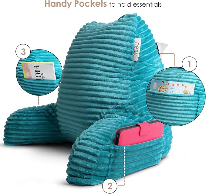 Nestl Reading Pillow with Shredded Memory Foam, Luxe Cut Plush Back Pillow for Sitting Up in Bed, Back and Arms Adjustable Support for Adult & Teens, Backrest Pillows with Washable Cover Teal