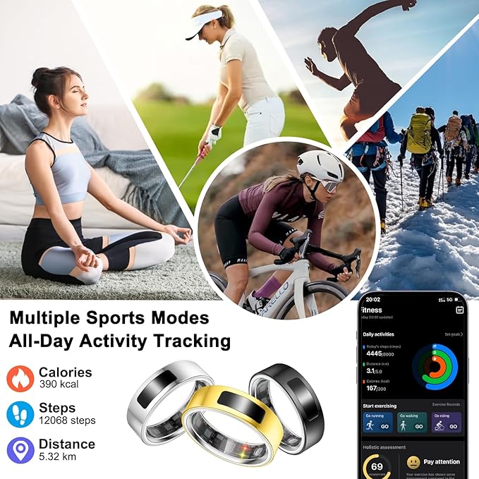 Smart Health Ring for Women Men, Vibration Alert, Touch Control, Fitness Tracker Ring with Sleep/Women's Health/Heart Rate/Steps, IP68 Waterproof for iPhone and Android, Silver 10,No Subscription
