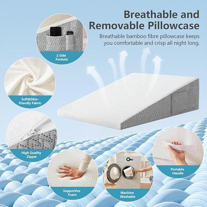 Wedge Pillow for Sleeping & Resting, 24"x24"x7.5" Memory Foam Cushion with Grey White Patterned Polyester Cover, Ideal for Bedroom & Living Room – Comfortable Support for Adults