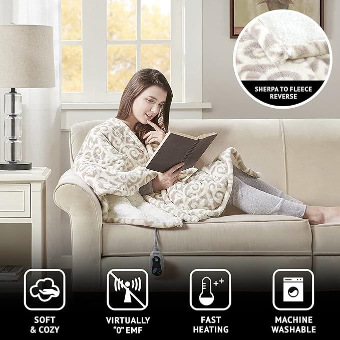 Beautyrest Wearable Electric Poncho Wrap Blanket, Ultra Soft Sherpa & Berber Fleece Heated Throw, UL Certified & Oeko-TEX, 3 Heat Settings & 2 Hour Auto Shutoff, Gift-Ready, 50" x 64", Grey Lattice