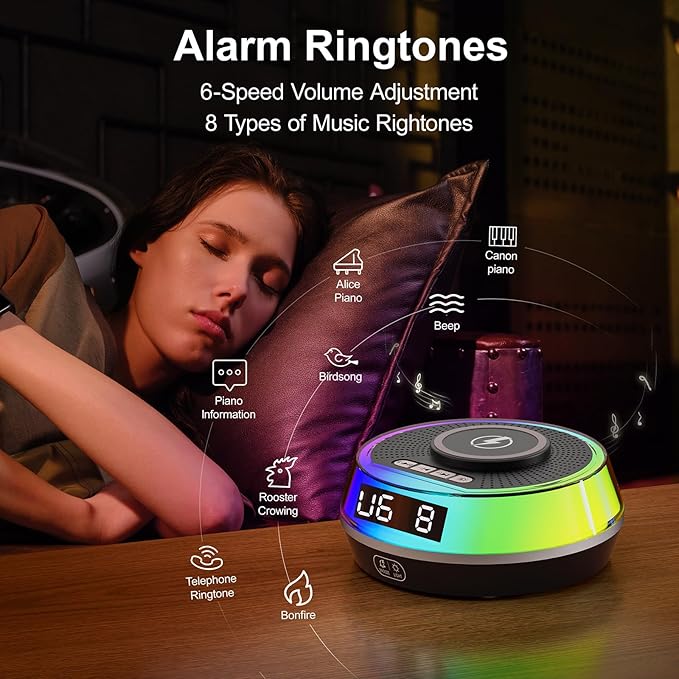 Wireless Charger Alarm Clock for Bedroom, 5W Bluetooth Speaker, 12 Soothing Sounds Machine, Dual Alarms, RGB Light, Ideal Gift for Heavy Sleepers, Adults, Teens, Kids, Senior(Black)