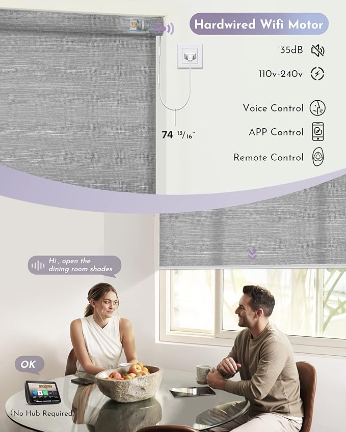 Graywind Motorized Light Filtering Shades Compatible with Alexa Google Hardwired WiFi Smart Half Shading Remote Control Automated Blinds Electric Window Shades, Custom Size (Jacquard Grey)