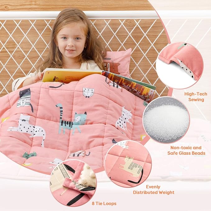 Uttermara Weighted Blanket 5 lbs, Ultra Cozy Minky Fleece and Cotton Sided with Cartoon Patterns, Reversible Heavy Blanket Great for Sleeping, 36x48 inches, Pink Cat
