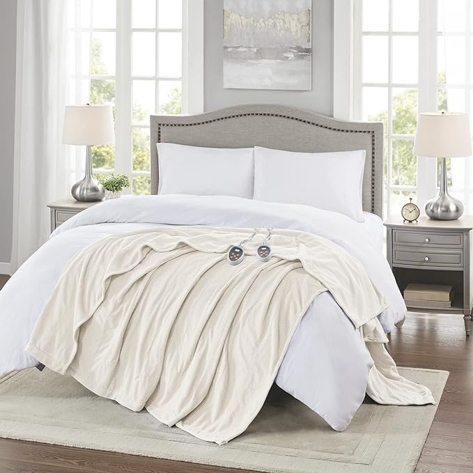 Beautyrest Electric Blanket Luxurious Micro Fleece Ultra Soft Ribbed Textured, Cozy and Snuggly Cover for Cold Weather, Fast Heating, Auto Shut Off, 20 Level Heat Setting Controller, Full, Ivory