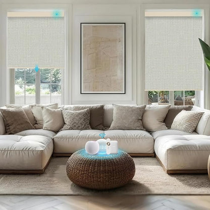 Motorized Blinds with Remote, Smart Blind Roller Shades Compatible with Alexa, Durable Rechargeable Battery Solar Power Electric Window Blinds Motorized Shades Customized Size (3-layer Beige)