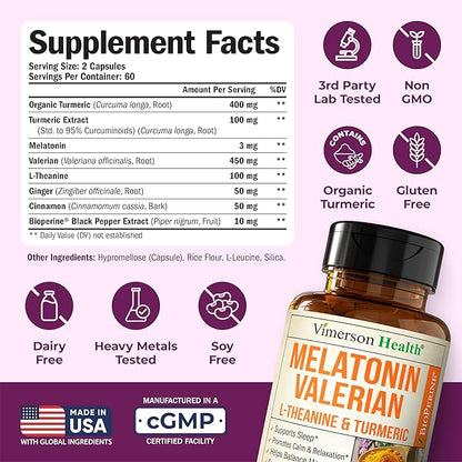 Melatonin 3mg Sleep Aid with L-Theanine & Valerian Root – Turmeric Curcumin Supplement with Ginger & Black Pepper – Organic Turmeric Supplement for Sleep, Calm and Stress Relief Support – 120 Capsules